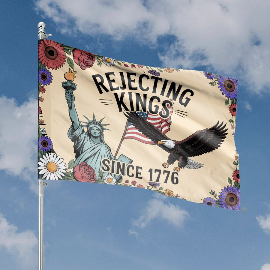 Rejecting Kings Since 1776 House Flag | Patriotic Statue of Liberty & Bald Eagle Design | Durable Weather-Resistant Polyester | Americana Garden Gift
