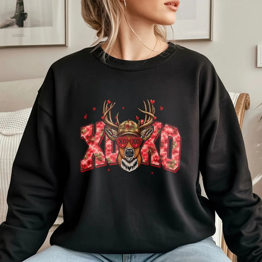 Valentine Deer Sweatshirt | Pink Camo XOXO Graphic with Heart Sunglasses | Premium Soft Cotton Blend | Valentine's Day Gift for Her