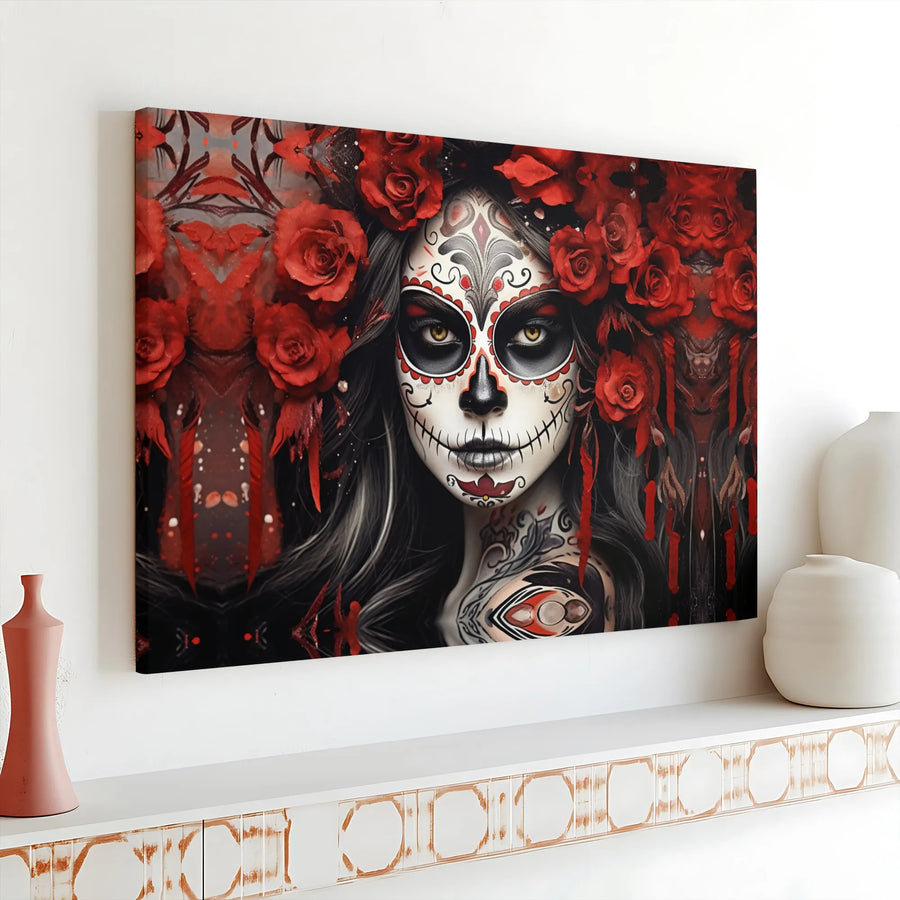 Day Of The Dead Canvas Art | Sugar Skull Woman With Red Roses | Gallery Wrap 1.25 Inch Thick | Gothic Home Decor Wall Hanging