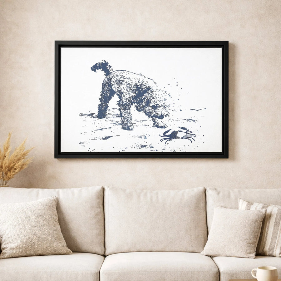 Labradoodle Beach Canvas Art | Dog Sniffing Crab Sketch Illustration | Premium 1.25" Gallery Wrap | Coastal Decor Gift for Dog Lovers