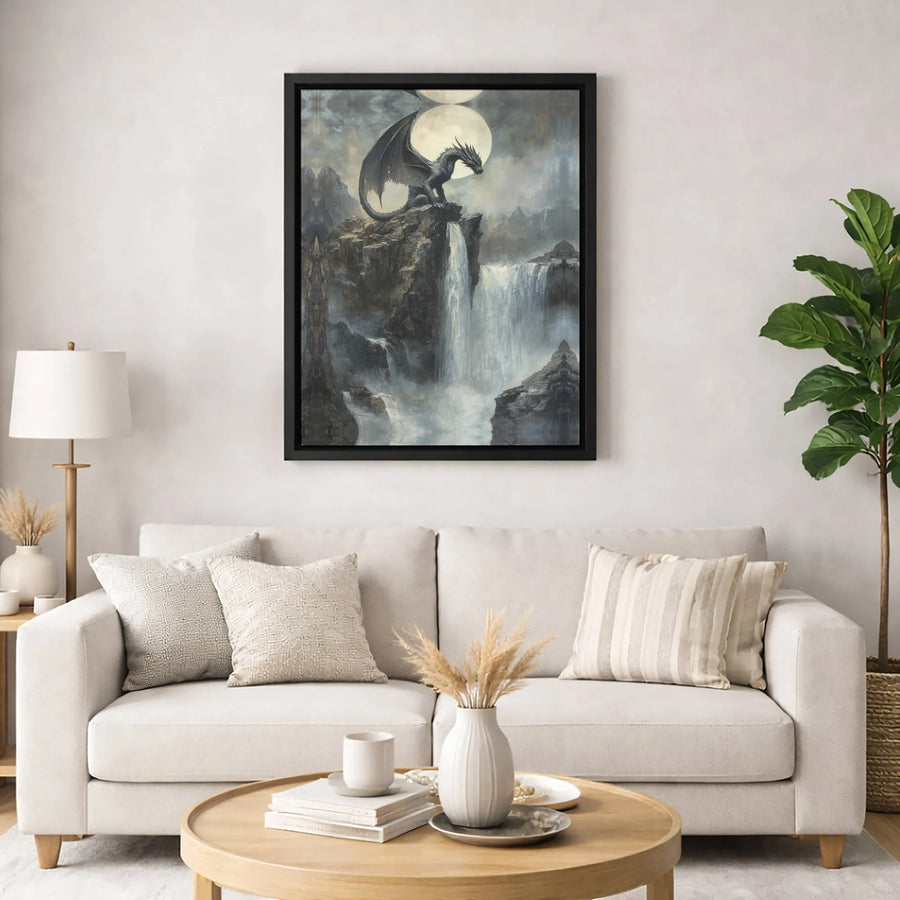 Dragon Canvas Wall Art | Fantasy Landscape Waterfall Print | 1.25 Inch Premium Gallery Wrap | Mythical Creature Decor Gift for Fans