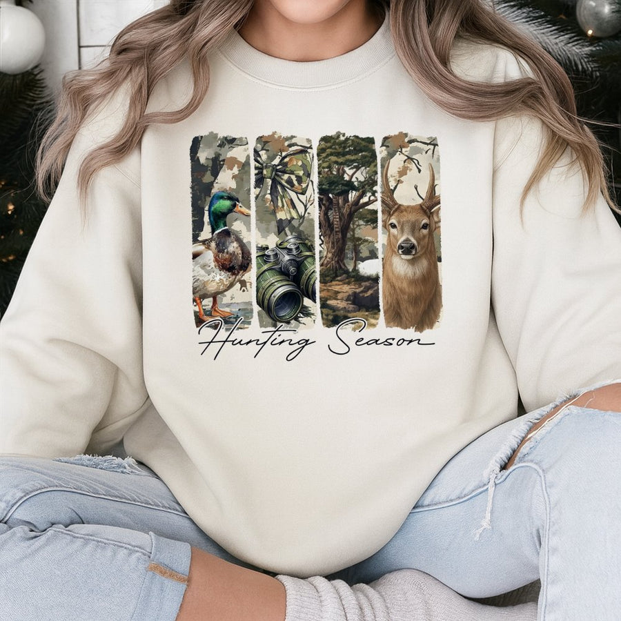 Hunting Season Sweatshirt | Preppy Camo Bow and Deer Graphic | Premium Cotton Blend | Gift for Duck and Deer Hunters Women