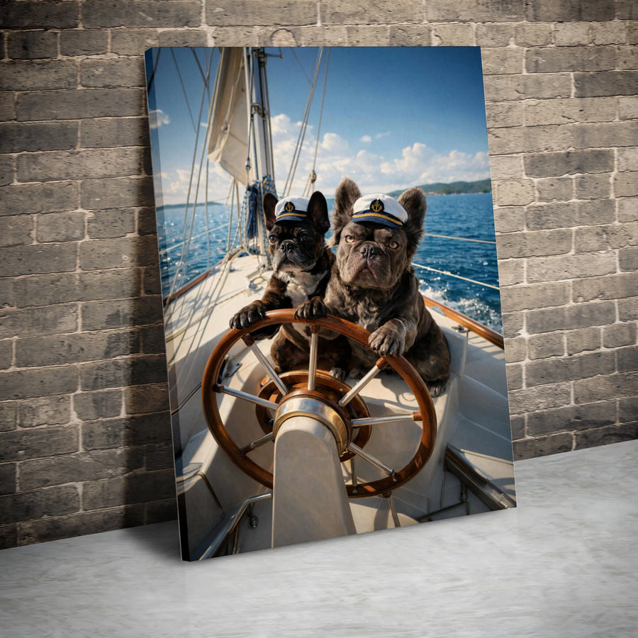 Funny French Bulldog Canvas Wall Art | Dog Captains on Sailboat Print | Premium Gallery Wrapped Canvas | Gift for French Bulldog Owner, Nautical Home Decor