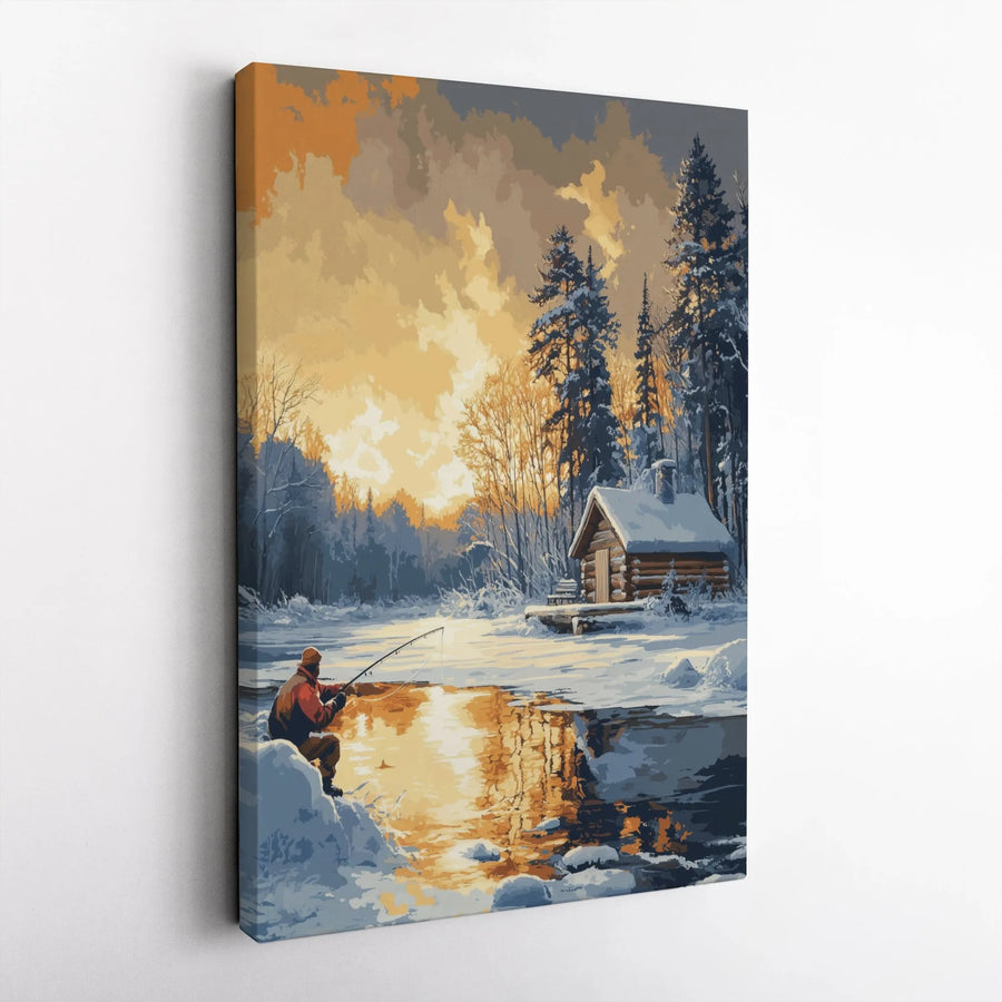 Ice Fishing Canvas Wall Art | Winter Log Cabin Landscape | Premium Gallery Wrap Print | Nature Lover Cabin Decor Gift