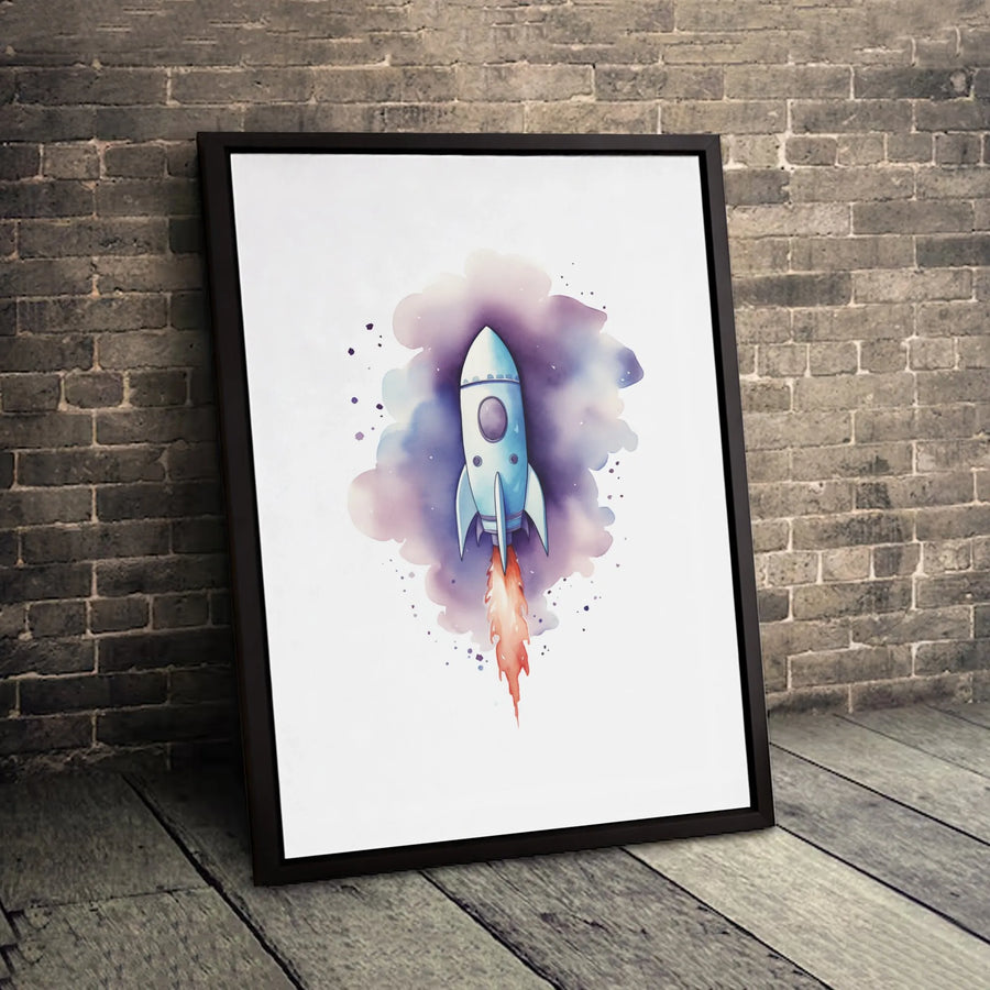 Rocket Ship Wall Art | Watercolor Space Galaxy Canvas Print | Premium 1.25-Inch Gallery Wrap | Nursery Decor & Kids Room Gift