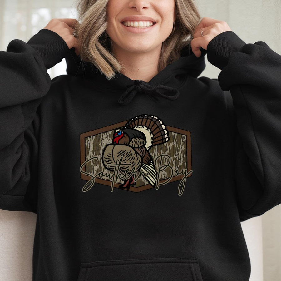 Southern Boy Turkey Hunting Hoodie | Camo Graphic Print Sweatshirt | Premium Cotton-Poly Blend | Gift for Outdoorsmen and Hunters