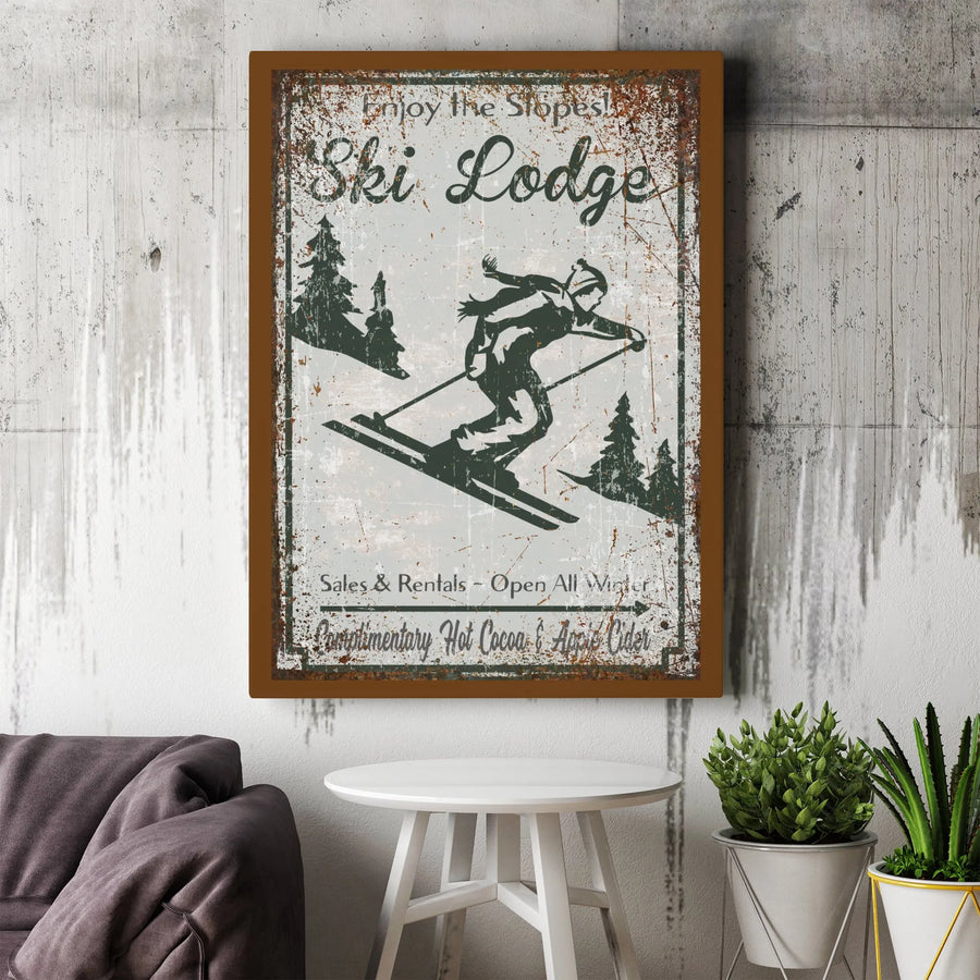 Ski Lodge Wall Art | Vintage Distressed Mountain Scenery | Premium 1.25-Inch Gallery Wrap Canvas | Gift for Skiers and Winter Cabin Decor