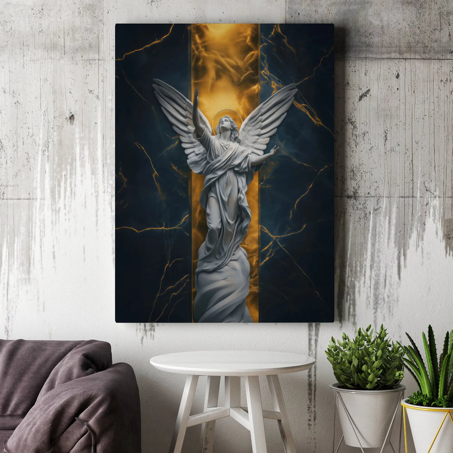 Ascending Angel Canvas Wall Art | Celestial Marble Gold Statue Print | Premium Gallery Wrap Decor | Religious Spiritual Home Gift