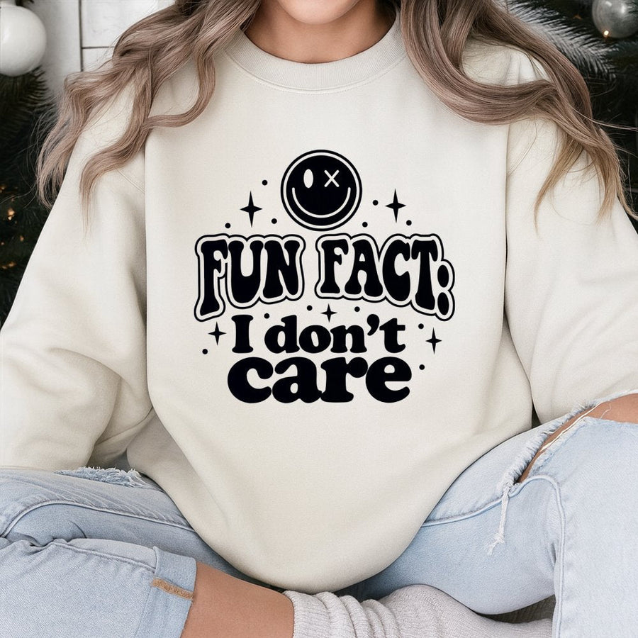 Fun Fact I Don't Care Sweatshirt | Sarcastic Smiley Face Graphic | Premium Cotton Blend | Funny Trendy Gift for Her or Him