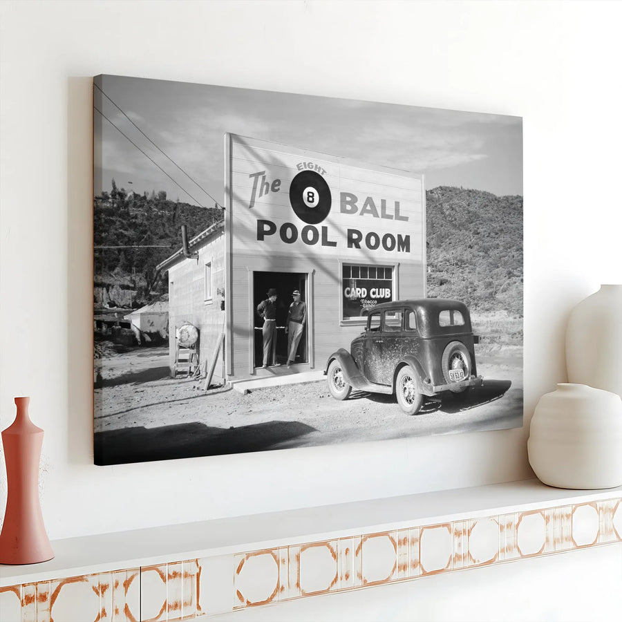 Vintage 8 Ball Pool Room Canvas Print | Black and White Classic Car Photo | Premium Gallery Wall Art | Man Cave Decor and Billiards Player Gift