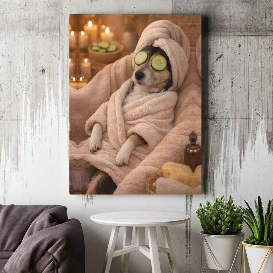 Dog Spa Wall Art | Relaxing Puppy in Bathrobe Canvas Print | Premium 1.25-inch Gallery Wrap | Funny Bathroom Decor Gift for Dog Lovers