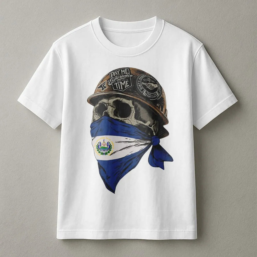 El Salvador Flag T-Shirt | Skull with Construction Helmet Graphic | 100% Premium Cotton | Salvadoran Pride Gift for Men & Women