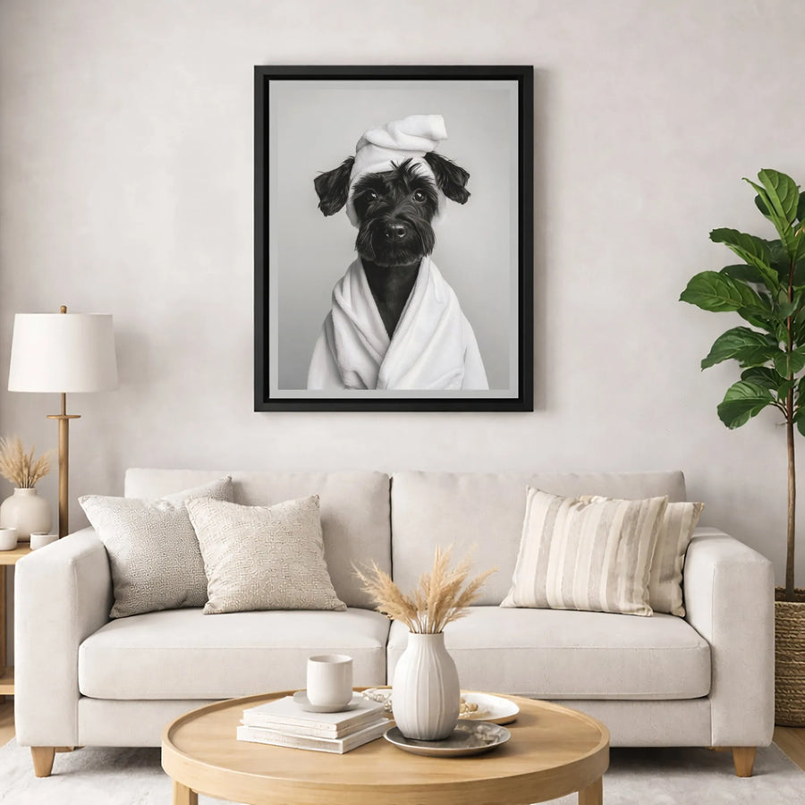 Schnauzer Dog Wall Art | Funny Bathrobe Spa Portrait | Premium Gallery Wrapped Canvas | Whimsical Bathroom Home Decor Gift