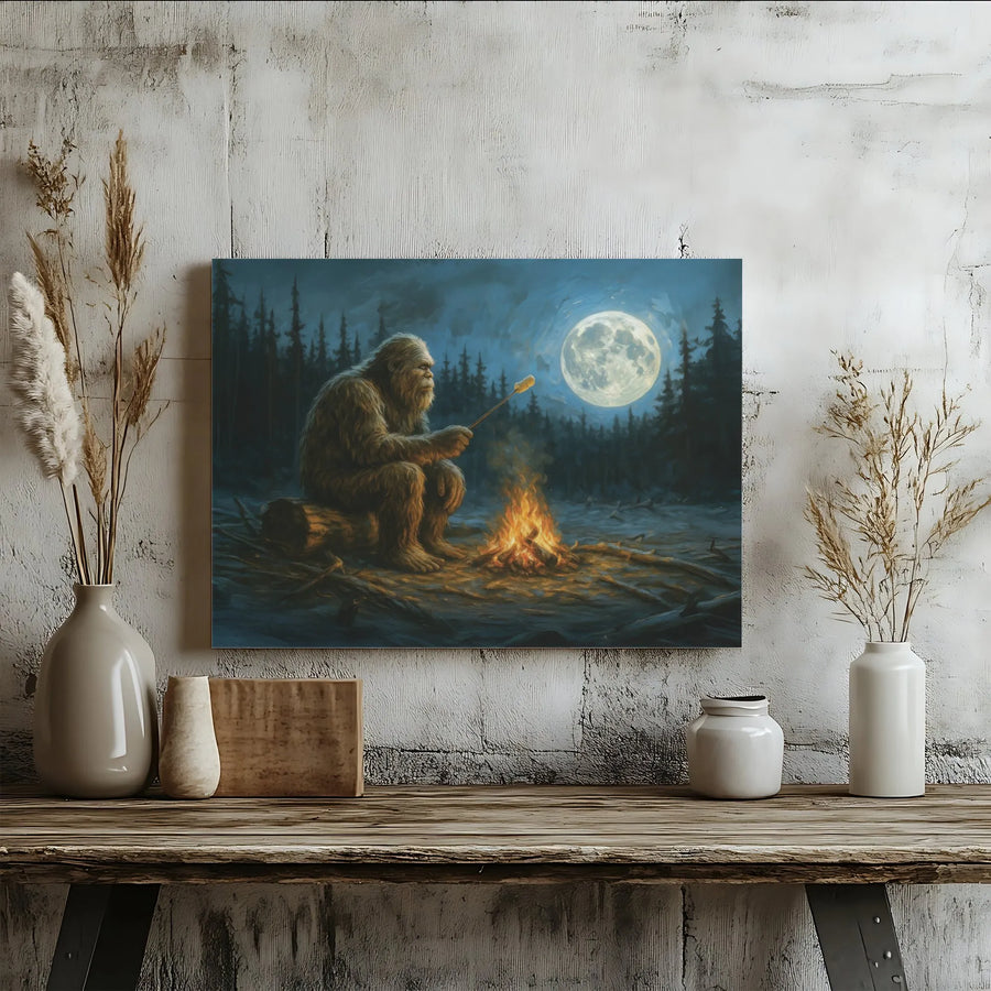 Bigfoot Camping Canvas Wall Art | Sasquatch Roasting Marshmallow Under Full Moon | Premium Gallery Wrapped Print | Nature Lover Cabin Decor Gift