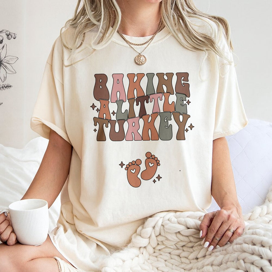 Baking A Little Turkey Pregnancy Announcement T-Shirt | Retro Fall Maternity Graphic Tee | Premium 100% Cotton | Thanksgiving Baby Reveal Gift For Mom