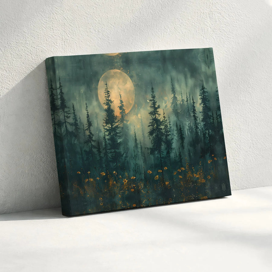 Misty Forest Canvas Wall Art | Ethereal Full Moon Painting | Premium Gallery Wrapped Canvas | Rustic Cabin Decor Gift