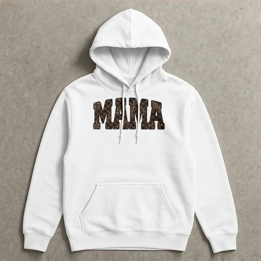 Retro Mama Hoodie | Leopard & Checkerboard Graphic Print | Soft Cotton Blend Pullover | Mothers Day Gift for Mom