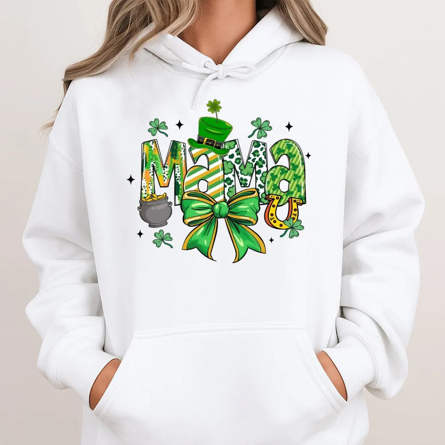 St. Patrick's Day Mama Hoodie | Lucky Irish Clover Graphic Design | Premium Cotton Blend | Gift for Mom and St. Patty's Day Celebration