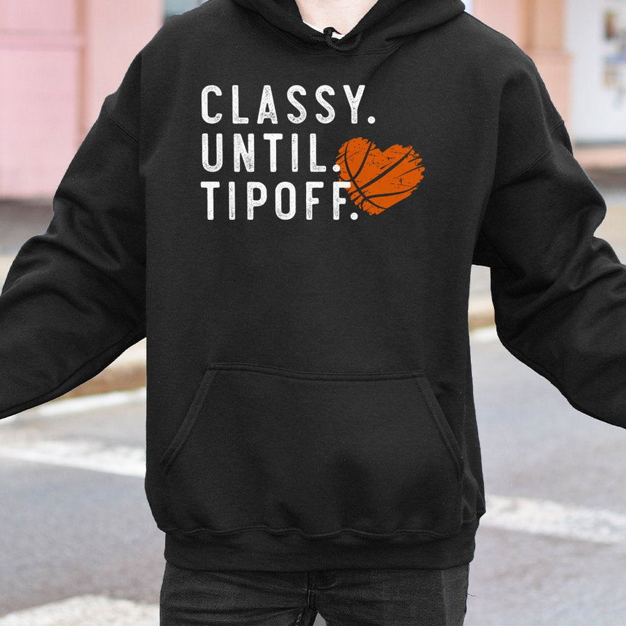 Classy Until Tipoff Basketball Hoodie | Distressed Heart Ball Graphic | Premium Cotton Blend | Funny Sports Fan Gift for Women and Men