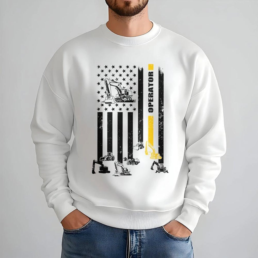 Excavator Operator Sweatshirt | Distressed American Flag Heavy Equipment Design | Premium Cotton Blend Crewneck | Construction Worker Gift For Men