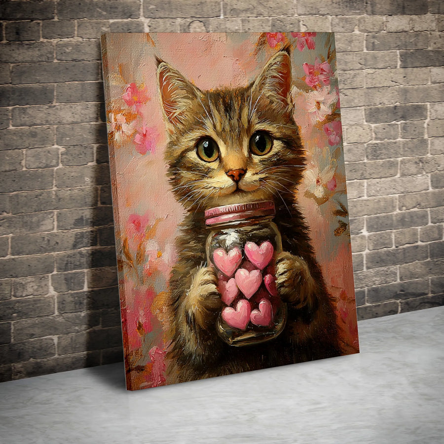 Cute Cat Canvas Wall Art | Kitten Holding Jar of Hearts | Premium Textured Print | Romantic Gift for Cat Lover, Nursery Decor