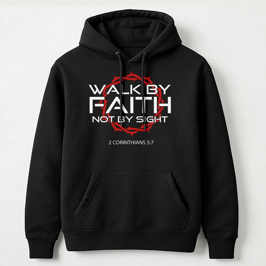 Walk By Faith Hoodie | 2 Corinthians 5:7 Scripture Print | Premium Cotton Blend Sweatshirt | Christian Religious Gift For Men And Women