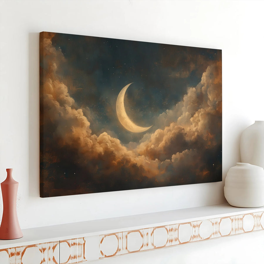 Crescent Moon Wall Art | Celestial Clouds Starry Night Canvas | 1.25" Gallery Wrap | Premium Home Decor Gift