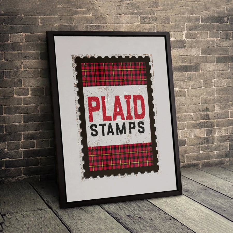 Red Plaid Postage Stamp Wall Art | Vintage Distressed Tartan Print | Gallery Quality 1.25" Canvas | Rustic Home Office Decor Gift