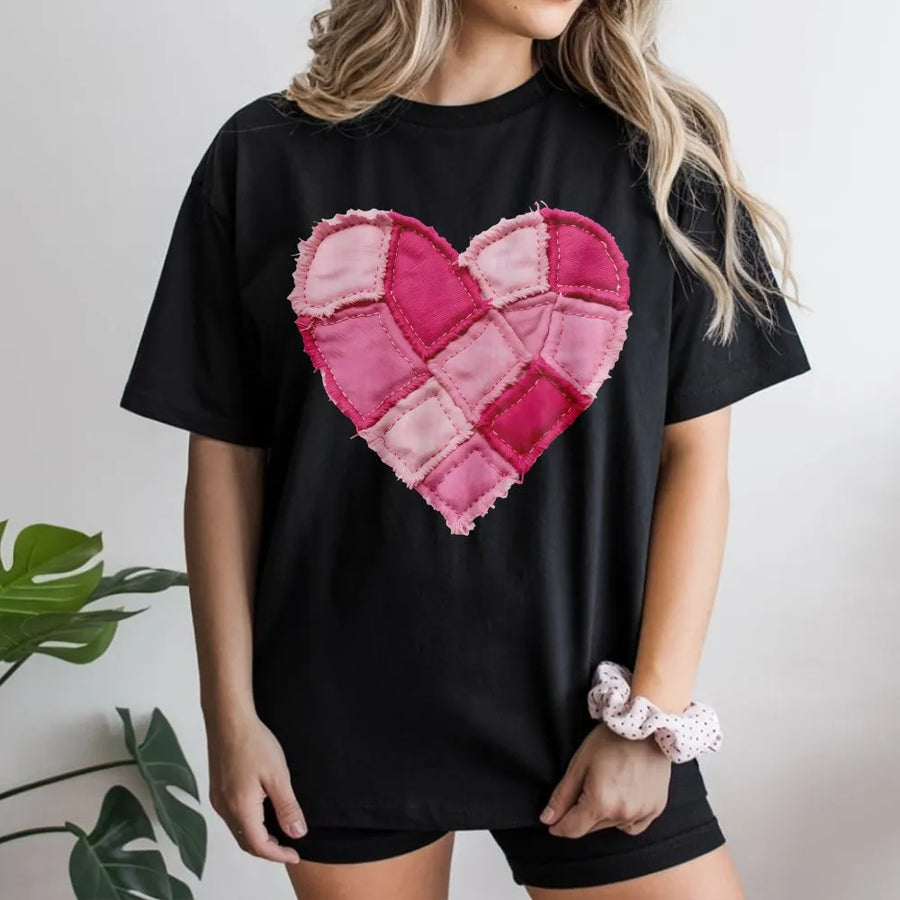 Patchwork Heart Graphic T-Shirt | Faux Quilted Valentine Design | 100% Cotton Premium Tee | Cute Gift for Her, Quilting Enthusiasts & Teachers