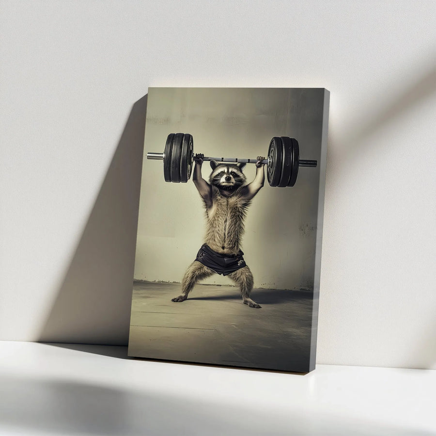 Raccoon Weightlifting Vertical Canvas | Funny Animal Workout Art | Premium Thick Gallery Wrap | Gym Wall Decor Gift for Lifters