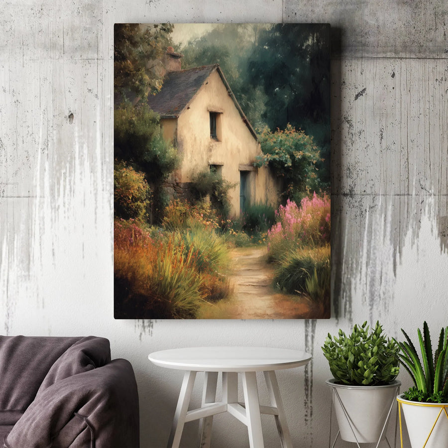 Rustic Cottage Vertical Canvas | Vintage Impressionist Garden Painting | Premium Gallery Wrapped Canvas | Farmhouse Living Room Decor Gift