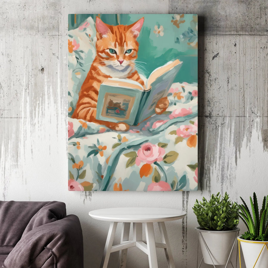 Orange Cat Reading Book Canvas Art | Whimsical Floral Bedside Painting | Gallery Wrapped 1.25 Inch Thick Premium Decor | Perfect Gift For Cat Lovers