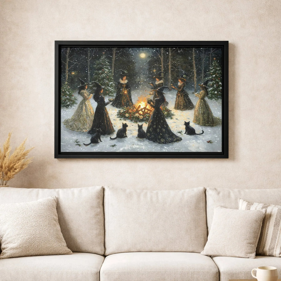 Witches Coven Yule Canvas Print | Magical Snowy Forest Bonfire Wall Art | Gallery Quality Premium Decor | Gothic Witchy Christmas Gift for Home