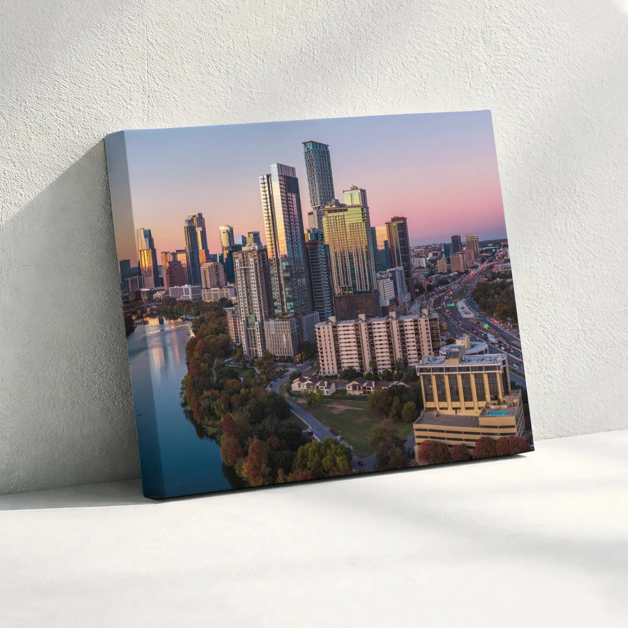 Austin Texas Skyline Horizontal Canvas | Downtown Cityscape Sunset Photo Wall Art | Premium 1.25 Inch Gallery Wrap | Texas Travel Decor Gift for Home or Office