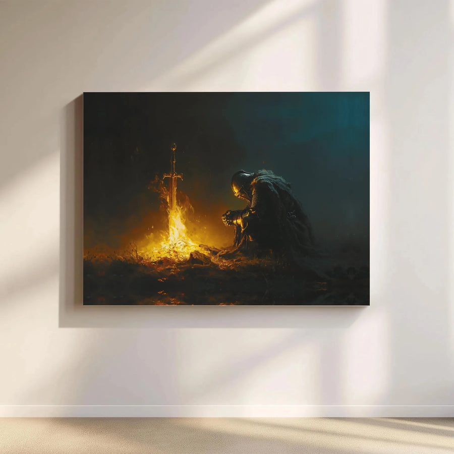 Knight Kneeling at Bonfire Canvas | Dark Fantasy Gaming Wall Art | Premium Gallery Wrapped Print | Gift for RPG Gamer & Fantasy Collector