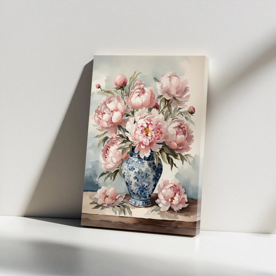 Peony Canvas Wall Art | Watercolor Floral Painting in Chinoiserie Vase | Premium Gallery Wrap Canvas | Farmhouse Living Room Decor Gift
