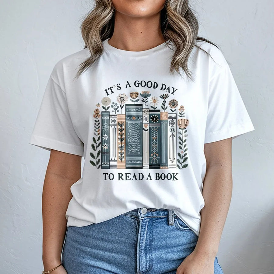 It's A Good Day To Read A Book T-Shirt | Floral Library Aesthetic Design | Premium Soft Cotton Tee | Perfect Book Lover Librarian Gift Idea