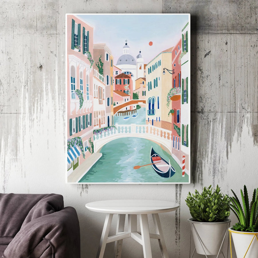 Venice Canal Art Print | Romantic Italian Cityscape Painting | Gallery Quality 1.25" Canvas | Travel Themed Home Decor Wall Art