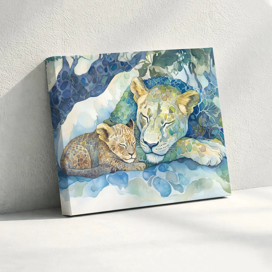 Sleeping Lioness and Cub Canvas Wall Art | Watercolor Mosaic Wildlife Print | Premium 1.25-Inch Gallery Wrap | Nursery and Home Decor Gift