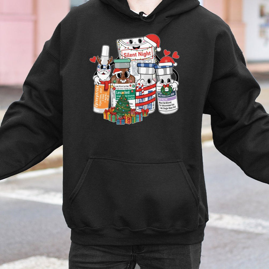Nurse Christmas Hoodie | Cute Medical Vials Cartoon Design | Soft Cotton Blend Sweatshirt | Holiday Gift for Nurses, Doctors, ICU Staff