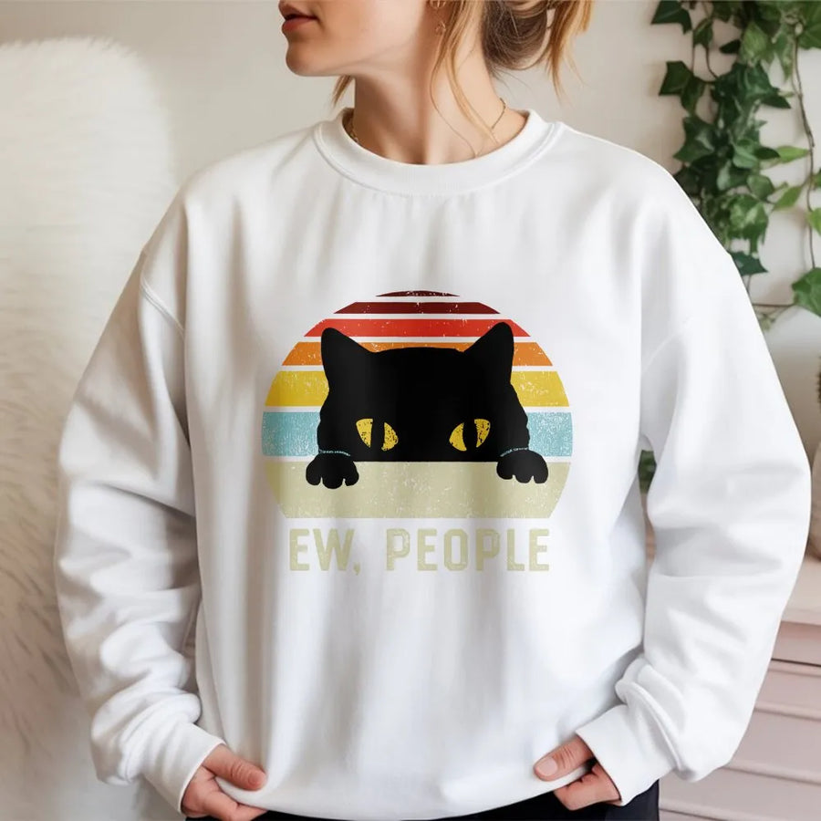 Ew People Cat Sweatshirt | Funny Retro Sunset Design | Premium Cotton-Poly Blend | Anti-Social Introvert Gift for Pet Lovers