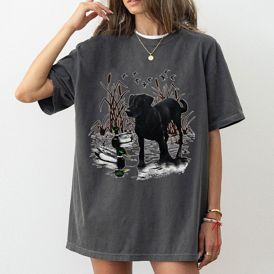 Black Labrador Retriever T-Shirt | Duck Hunting Nature Graphic Tee | Premium 100% Cotton | Wildlife Art Lover Gift for Men and Women