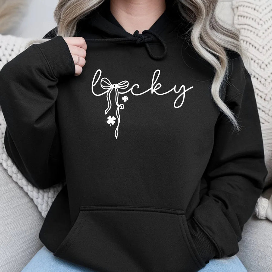 Lucky Shamrock Hoodie | Cute Bow Clover Graphic Design | Premium Cotton-Polyester Blend | St Patricks Day Gift For Women & Teens