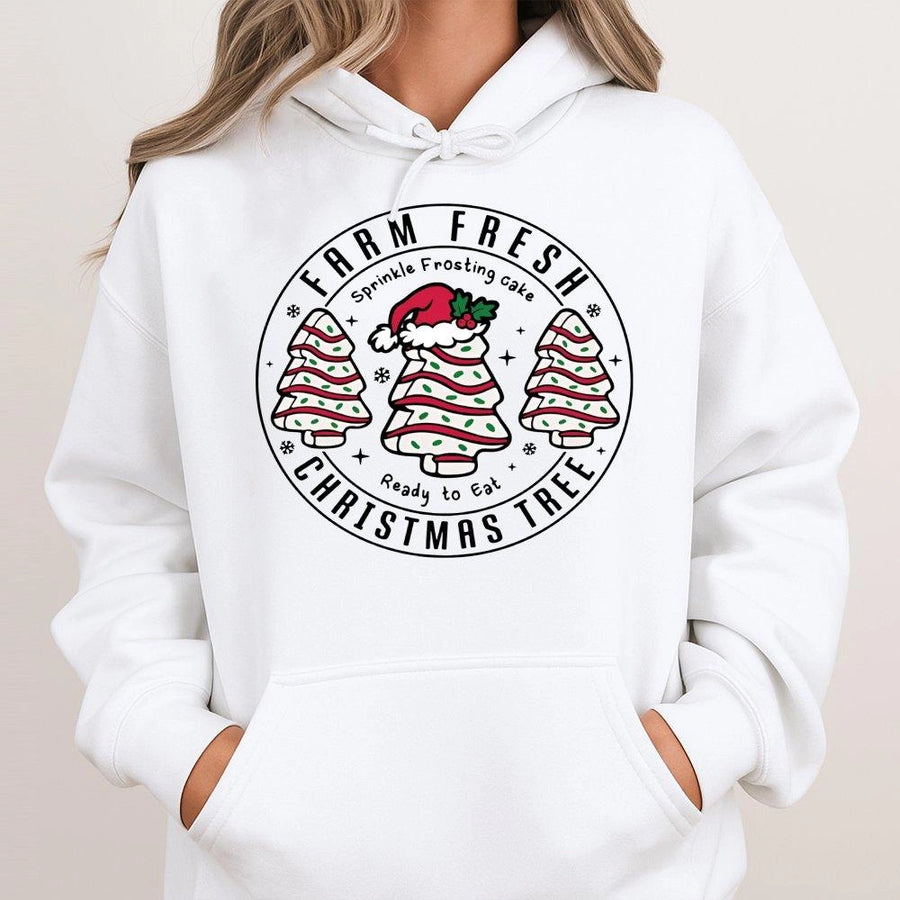 Farm Fresh Christmas Tree Cake Hoodie | Festive Retro Dessert Graphic Print | Premium Cotton Blend | Cozy Holiday Gift for Women and Men