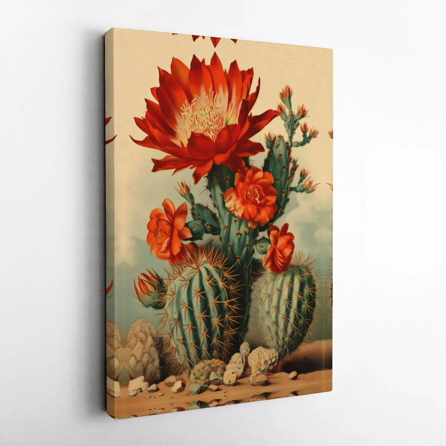 Blooming Red Cactus Canvas Art | Vintage Botanical Desert Illustration | Premium Gallery Wrapped Print | Southwestern Home Decor Gift