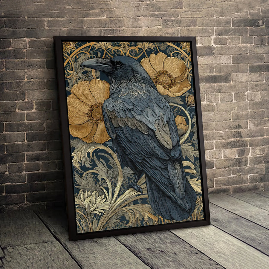 Art Nouveau Raven Wall Art | Dark Academia Floral Botanical Print | Premium Gallery-Wrapped Canvas | Gothic Home Decor Gift