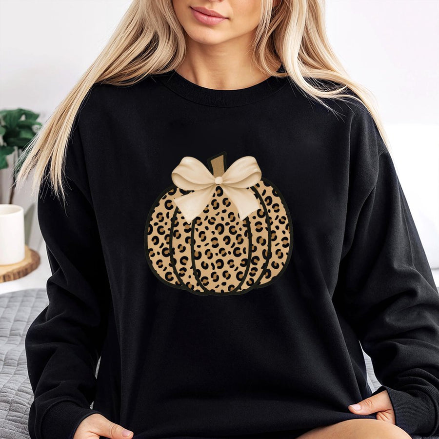 Leopard Pumpkin Sweatshirt | Coquette Aesthetic Bow Design | Soft Cotton Blend Crewneck | Cute Fall Gift for Women