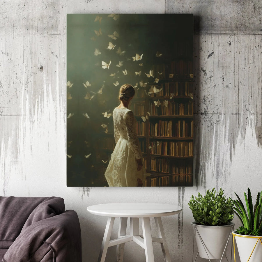 Dark Academia Canvas Wall Art | Woman & Butterflies in Moody Library | Premium Gallery Wrapped Canvas | Gift for Book Lover & Reader