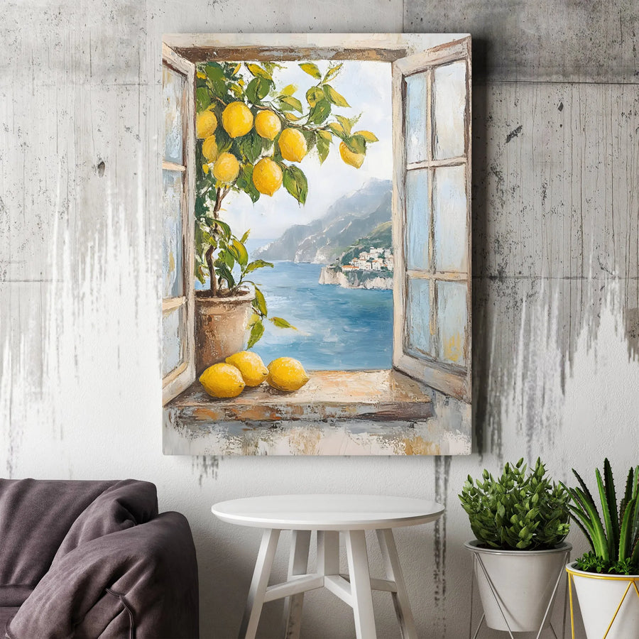 Lemon Tree Window Canvas Wall Art | Italian Coastal View Painting Print | Premium Thick Gallery Wrap | Mediterranean Kitchen Decor Gift