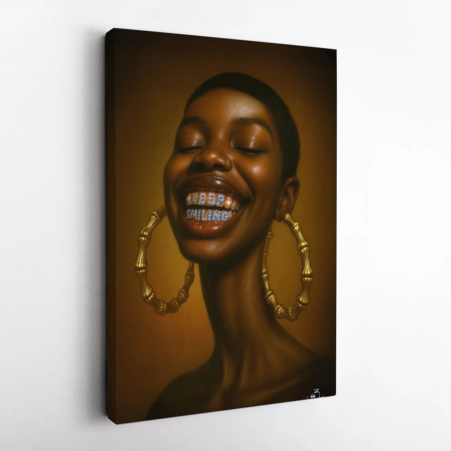 Black Woman Canvas Art | Gold Bamboo Earrings Portrait | Premium Fade-Resistant Print | African American Home Decor Wall Art